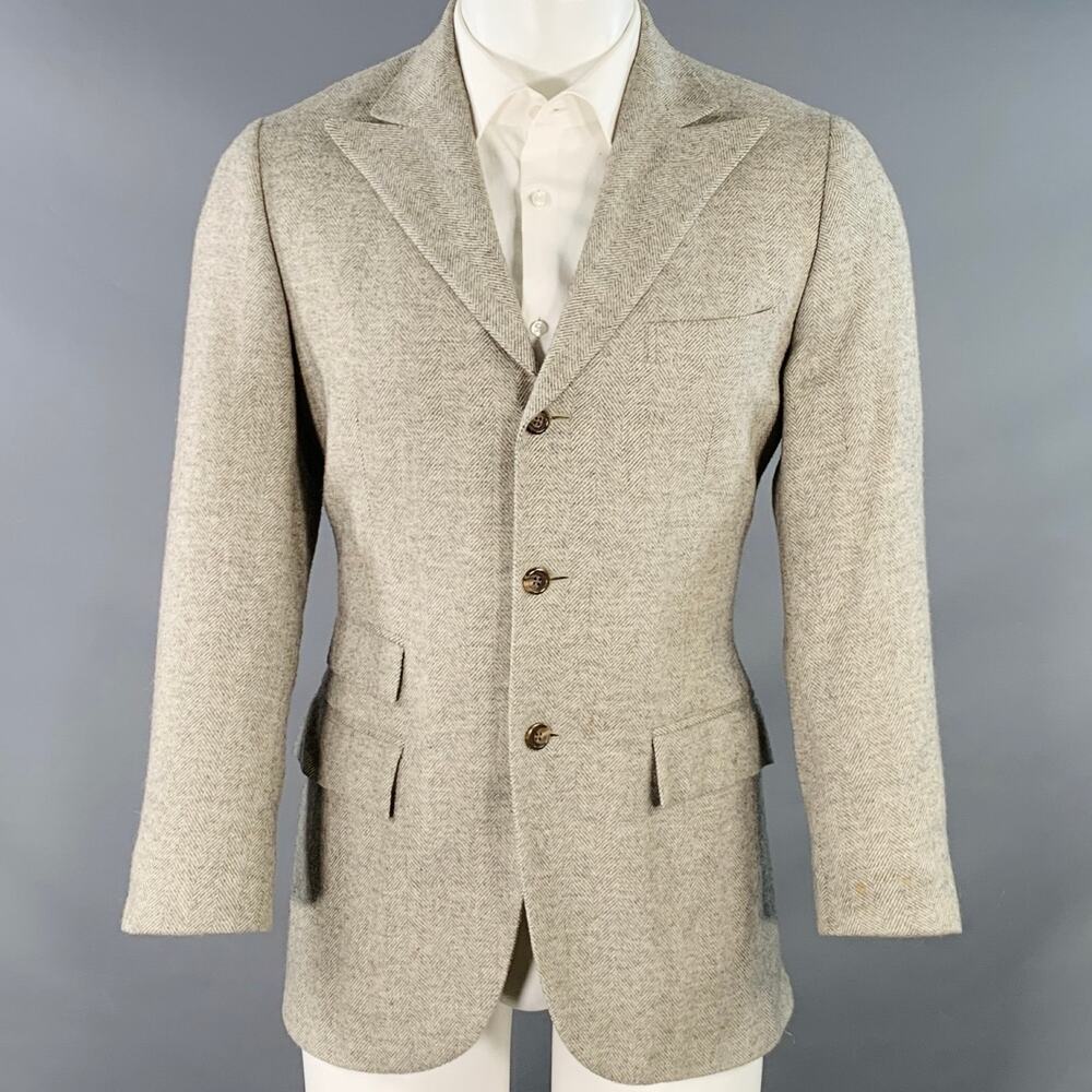 RALPH LAUREN Size 38 Regular Grey Light Grey Herringbone Camel Hair Sport Coat